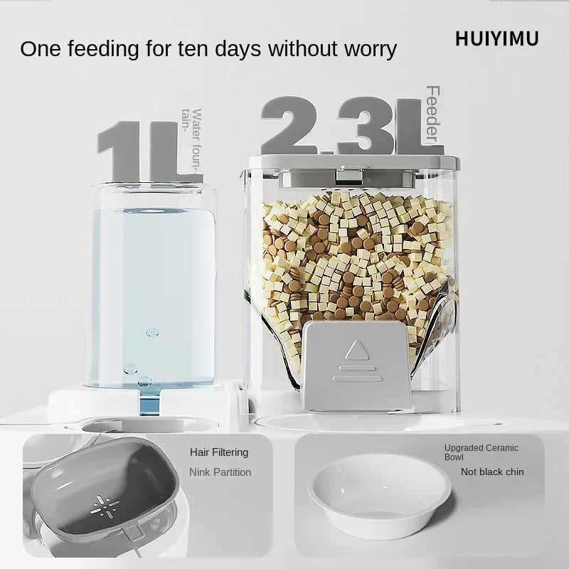 2-in-1 Automatic Cat Feeder & Water Fountain - Large Capacity Auto Dispensing Pet Bowl for Cats/Dogs, Continuous Food/Water Supp