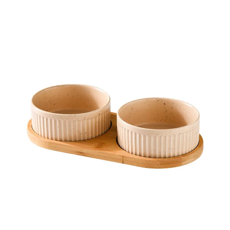 850 Ml Dogs and Cats Ceramic Bowl Double Triple Cat Food Wood Pallet Water Bowl Large Capacity Pet Drinking Water Feeder