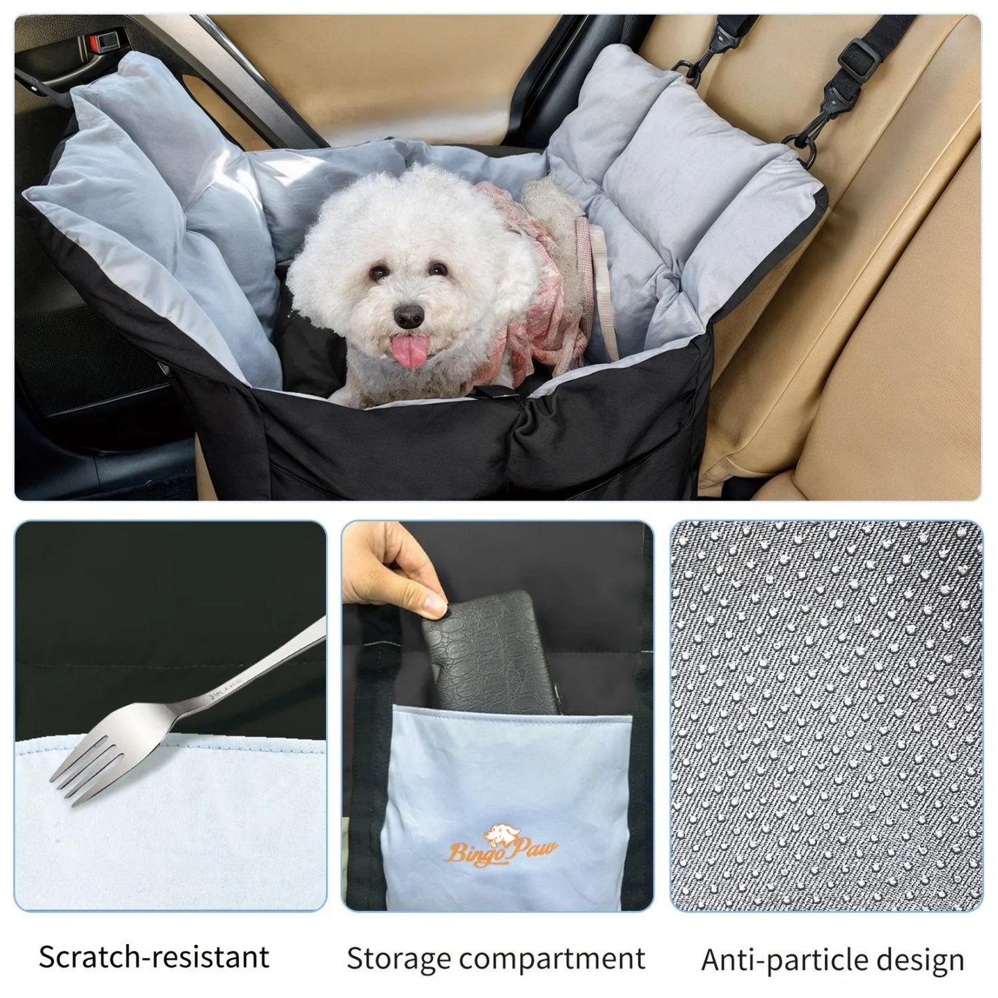 Ultra Soft Dog Car Seat for Small Dogs up 22 lbs Pet Booster Travel Carrier Bed w/ Safety Belt and Storage Pockets, Black/Green