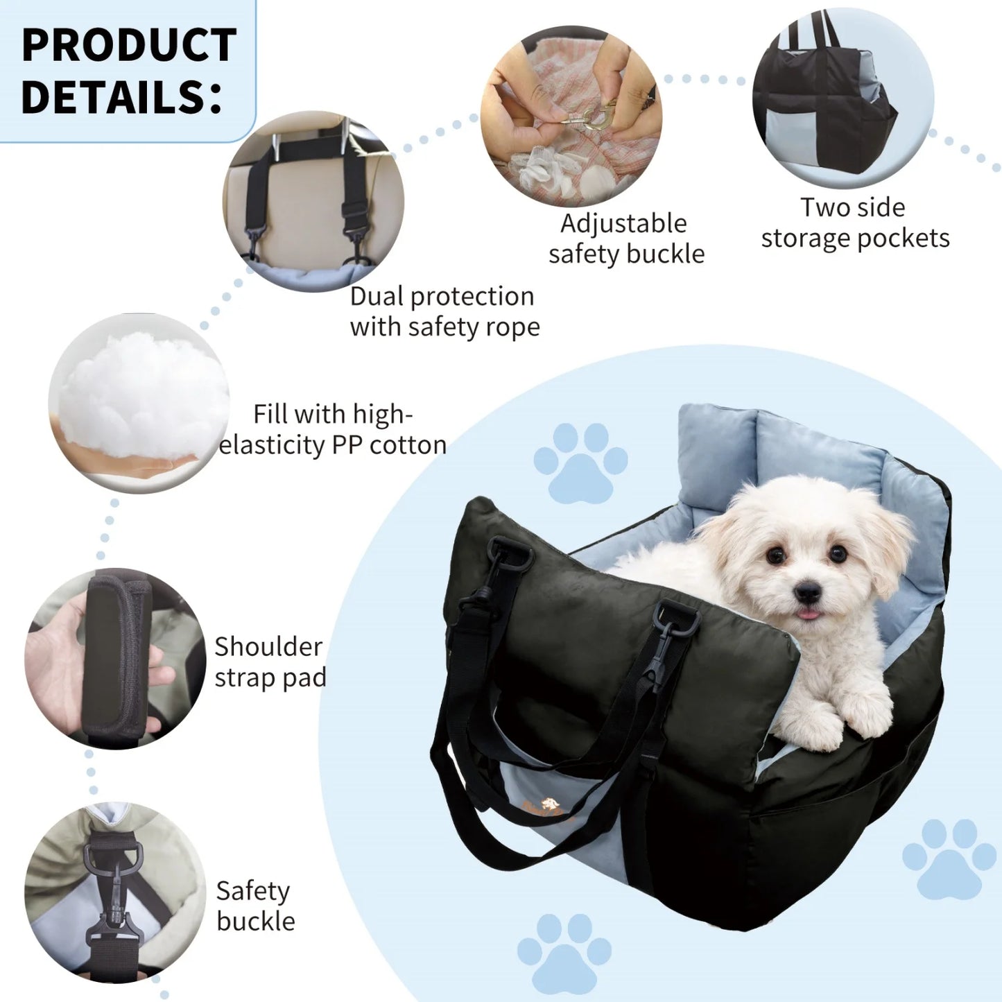 Ultra Soft Dog Car Seat for Small Dogs up 22 lbs Pet Booster Travel Carrier Bed w/ Safety Belt and Storage Pockets, Black/Green